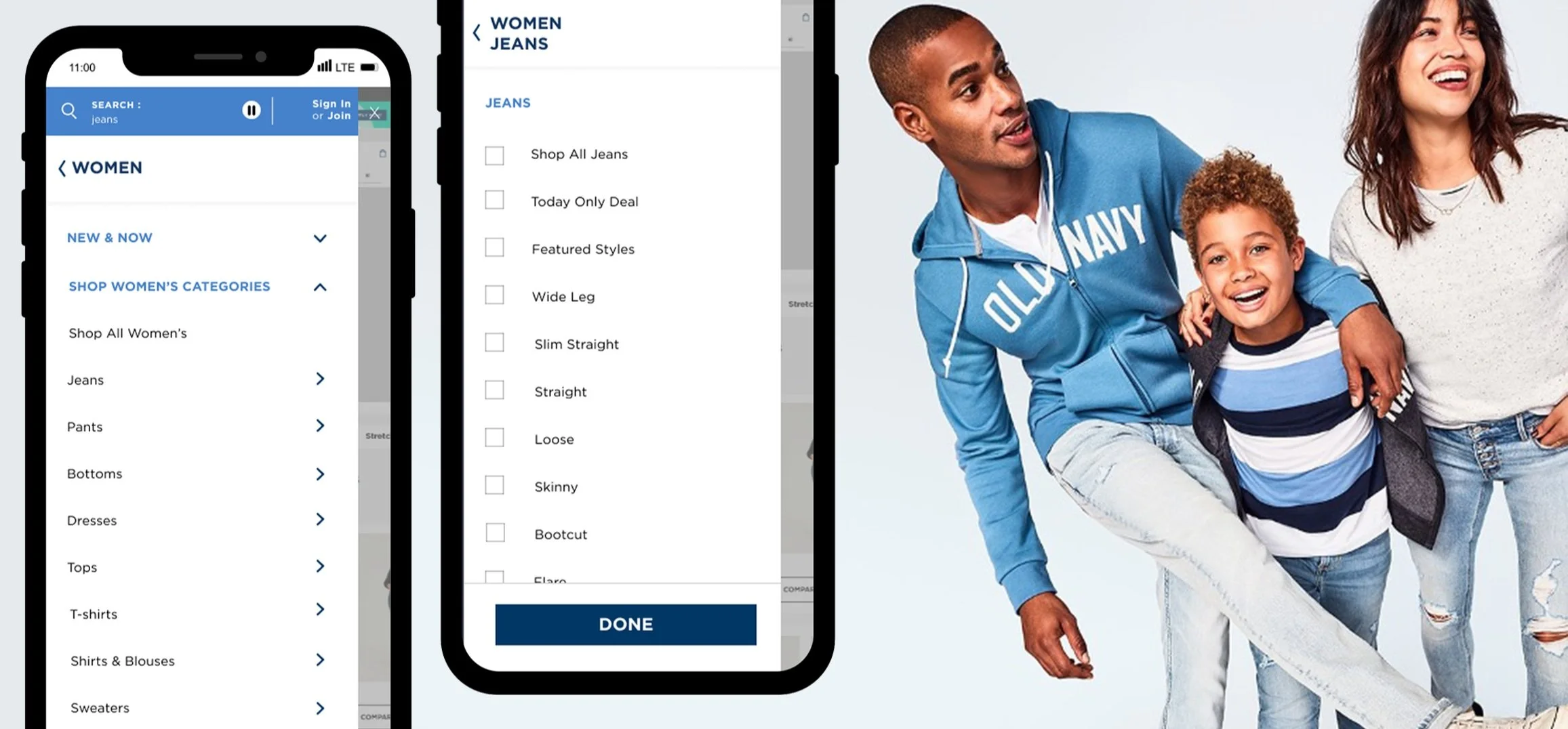 Old Navy hamburger navigation subcategories