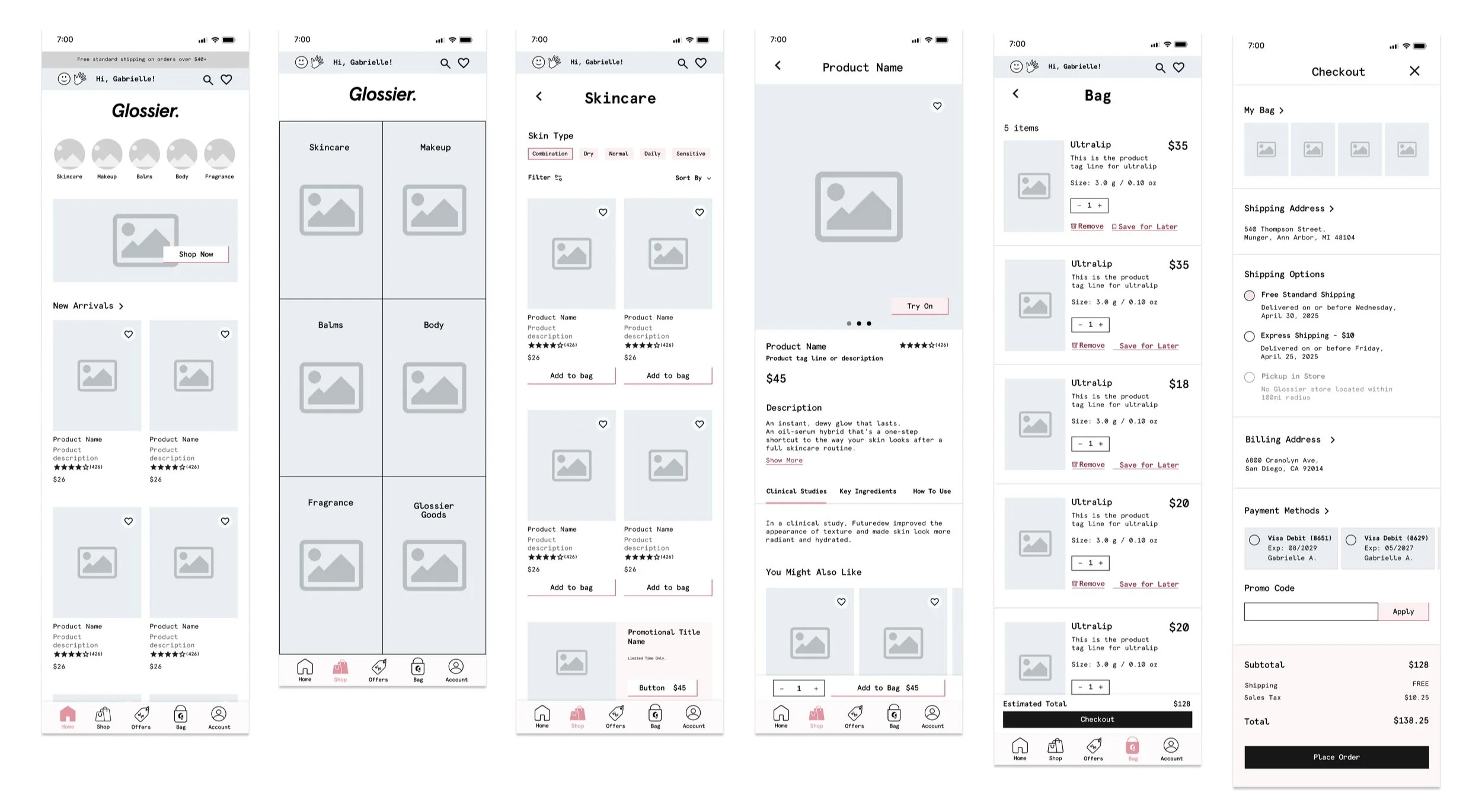 Low-fidelity Glossier app wireframes